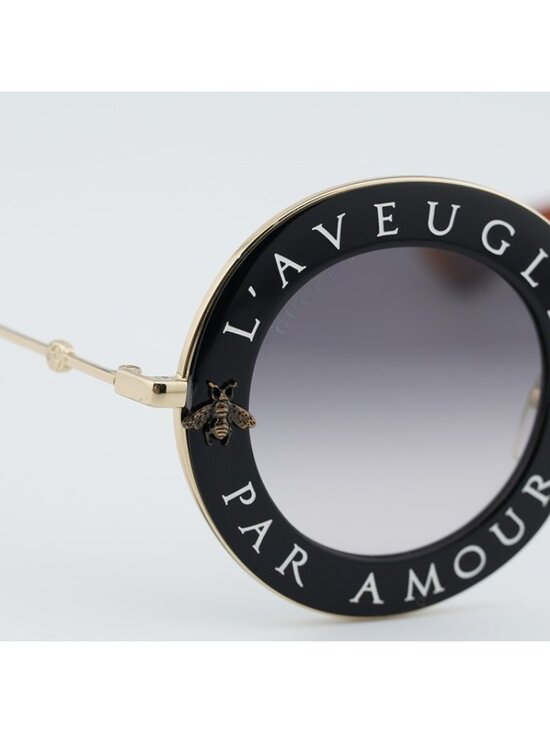 Gucci GG0113S 001 Sunglasses Black Gold Round Frame, Grey Gradient Lenses main image 8